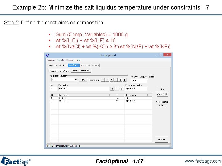 Example 2 b: Minimize the salt liquidus temperature under constraints - 7 Step 5: