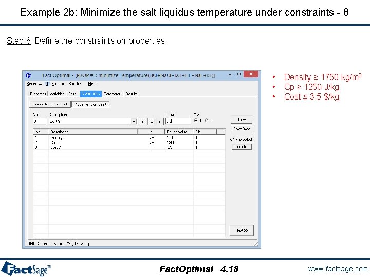 Example 2 b: Minimize the salt liquidus temperature under constraints - 8 Step 6: