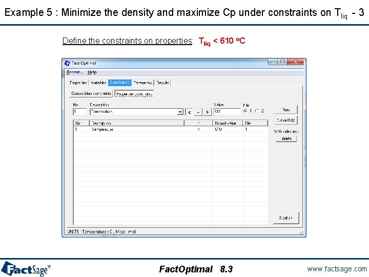 Example 5 : Minimize the density and maximize Cp under constraints on Tliq -