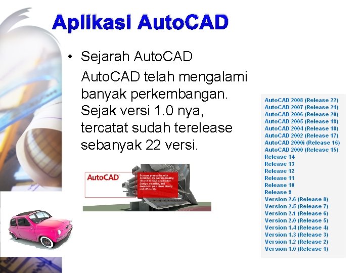 Aplikasi Auto. CAD • Sejarah Auto. CAD telah mengalami banyak perkembangan. Sejak versi 1.
