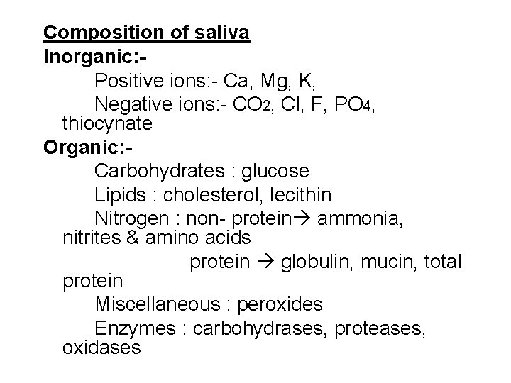 Composition of saliva Inorganic: Positive ions: - Ca, Mg, K, Negative ions: - CO