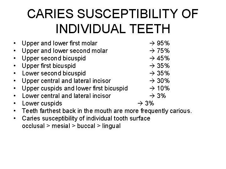 CARIES SUSCEPTIBILITY OF INDIVIDUAL TEETH • • • Upper and lower first molar 95%