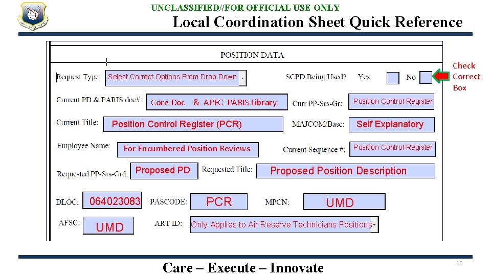 UNCLASSIFIED//FOR OFFICIAL USE ONLY Local Coordination Sheet Quick Reference Check Correct Box Select Correct