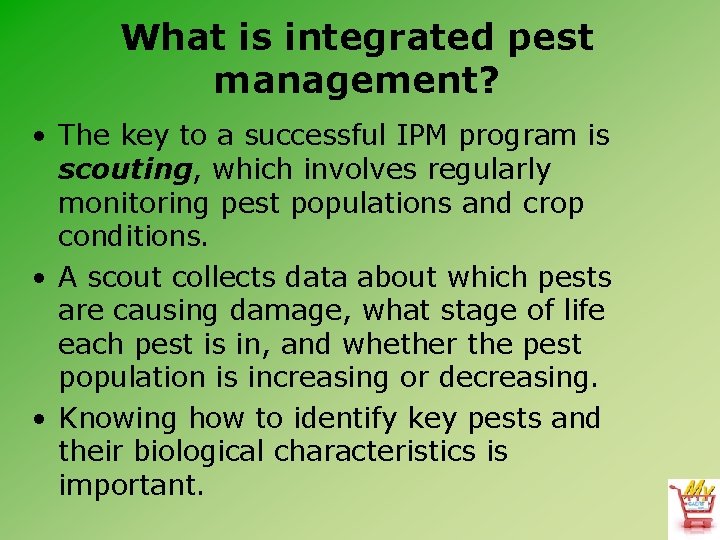 What is integrated pest management? • The key to a successful IPM program is