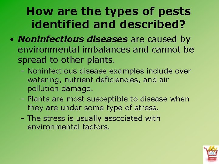 How are the types of pests identified and described? • Noninfectious diseases are caused