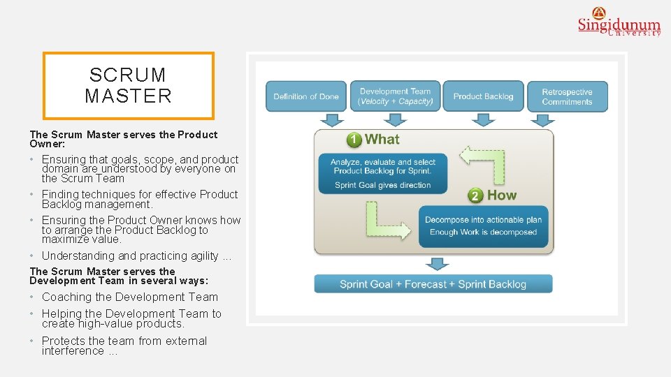 SCRUM MASTER The Scrum Master serves the Product Owner: • Ensuring that goals, scope,