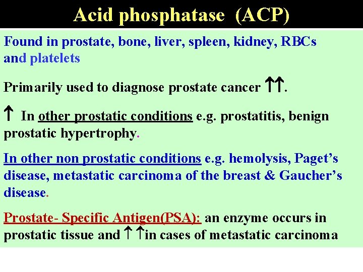 Acid phosphatase (ACP) Found in prostate, bone, liver, spleen, kidney, RBCs and platelets Primarily