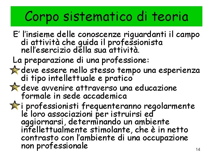 Corpo sistematico di teoria E’ l’insieme delle conoscenze riguardanti il campo di attività che Corpo sistematico di teoria E’ l’insieme delle conoscenze riguardanti il campo di attività che