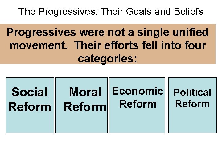 The Progressives: Their Goals and Beliefs Progressives were not a single unified movement. Their