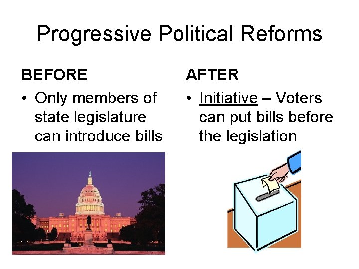 Progressive Political Reforms BEFORE • Only members of state legislature can introduce bills AFTER