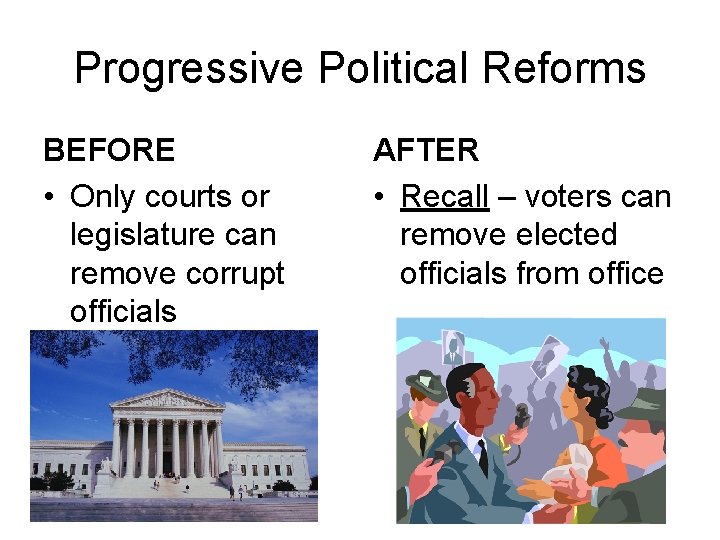 Progressive Political Reforms BEFORE • Only courts or legislature can remove corrupt officials AFTER