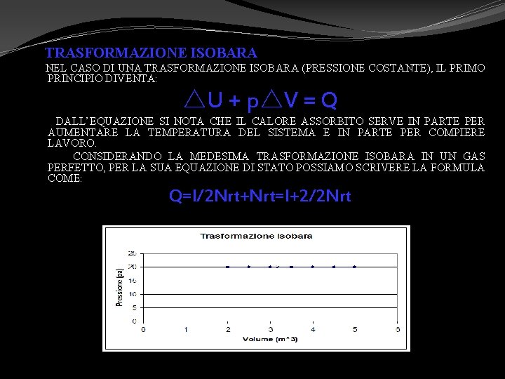 TRASFORMAZIONE ISOBARA NEL CASO DI UNA TRASFORMAZIONE ISOBARA (PRESSIONE COSTANTE), IL PRIMO PRINCIPIO DIVENTA: