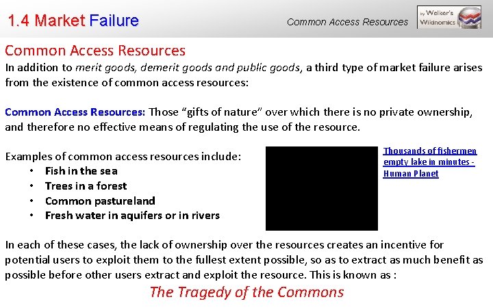 1. 4 Market Failure Common Access Resources In addition to merit goods, demerit goods