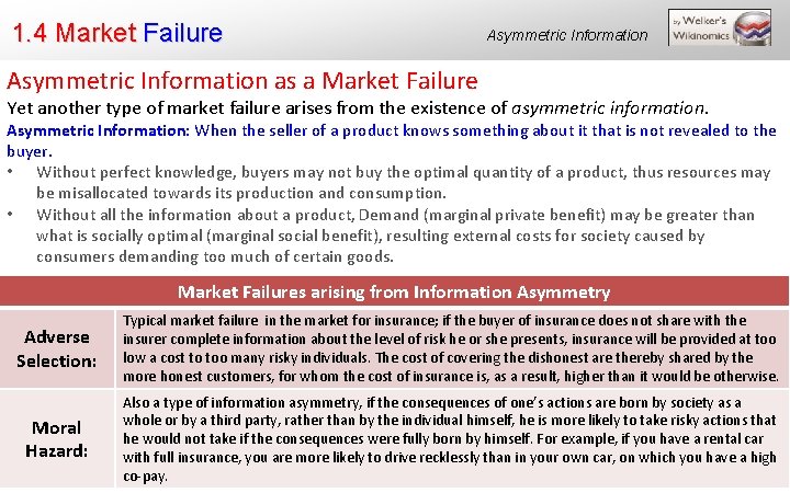 1. 4 Market Failure Asymmetric Information as a Market Failure Yet another type of