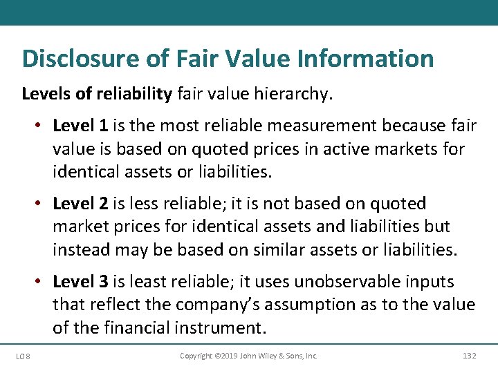 Disclosure of Fair Value Information Levels of reliability fair value hierarchy. • Level 1