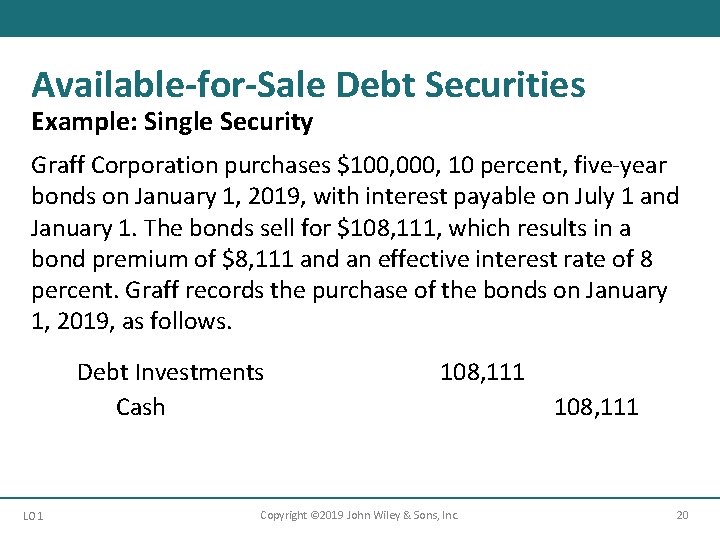 Available-for-Sale Debt Securities Example: Single Security Graff Corporation purchases $100, 000, 10 percent, five-year