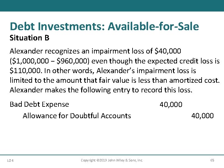 Debt Investments: Available-for-Sale Situation B Alexander recognizes an impairment loss of $40, 000 ($1,