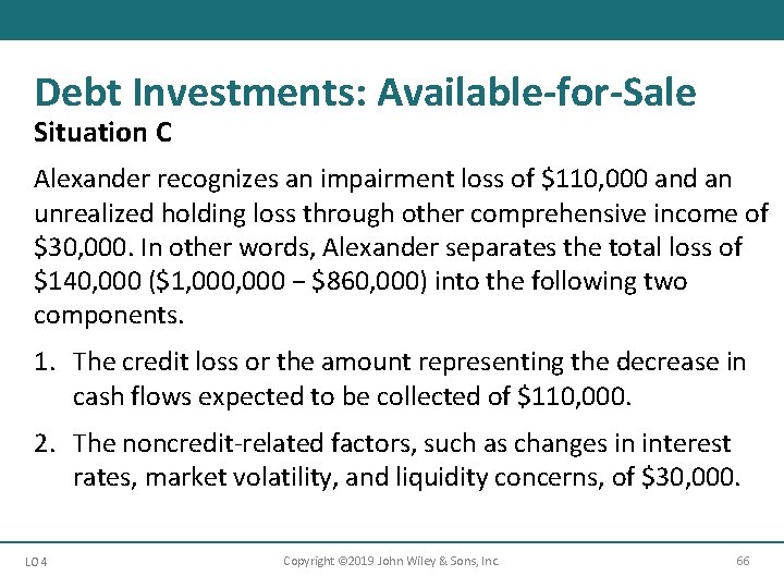 Debt Investments: Available-for-Sale Situation C Alexander recognizes an impairment loss of $110, 000 and