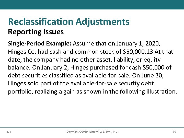 Reclassification Adjustments Reporting Issues Single-Period Example: Assume that on January 1, 2020, Hinges Co.