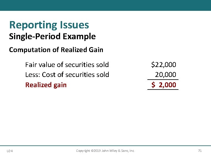 Reporting Issues Single-Period Example Computation of Realized Gain Fair value of securities sold Less: