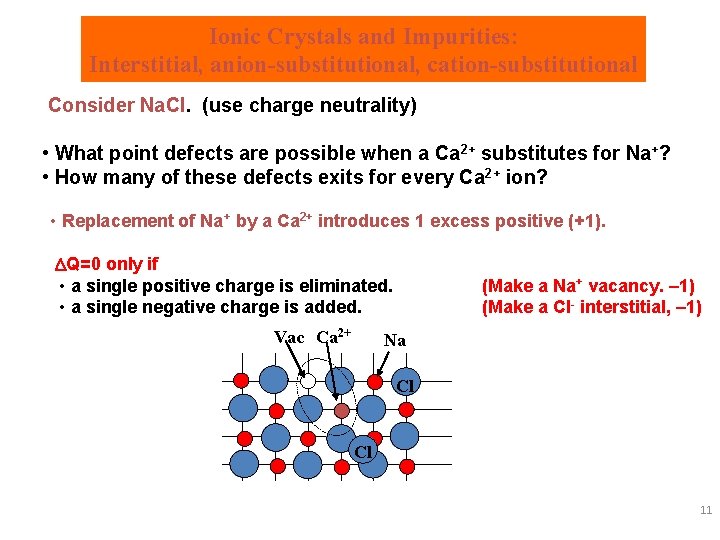 Ionic Crystals and Impurities: Interstitial, anion-substitutional, cation-substitutional Consider Na. Cl. (use charge neutrality) •