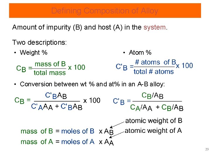 Defining Composition of Alloy Amount of impurity (B) and host (A) in the system.