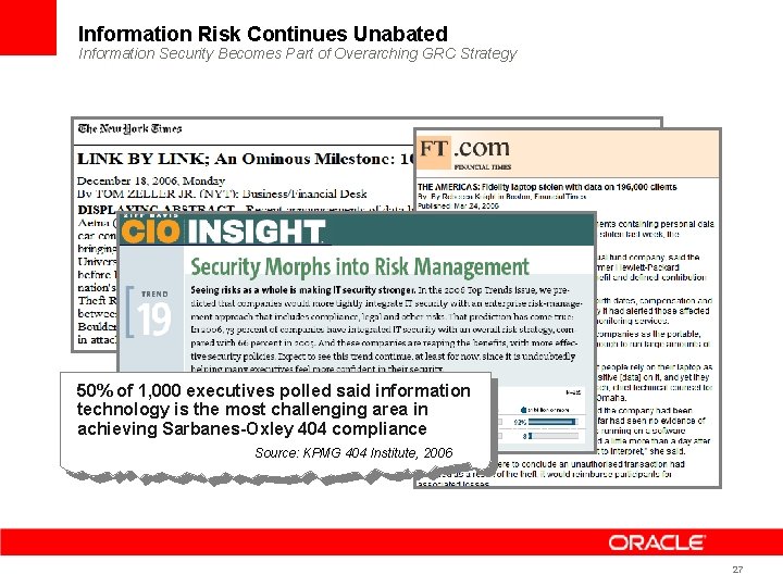 Information Risk Continues Unabated Information Security Becomes Part of Overarching GRC Strategy 50% of