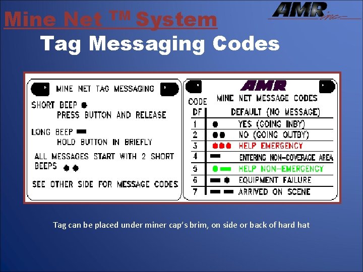 Mine Net TM System Tag Messaging Codes Tag can be placed under miner cap’s