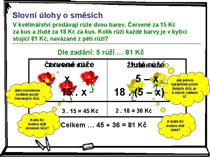 Slovní úlohy o směsích V květinářství prodávají růže dvou barev. Červené za 15 Kč