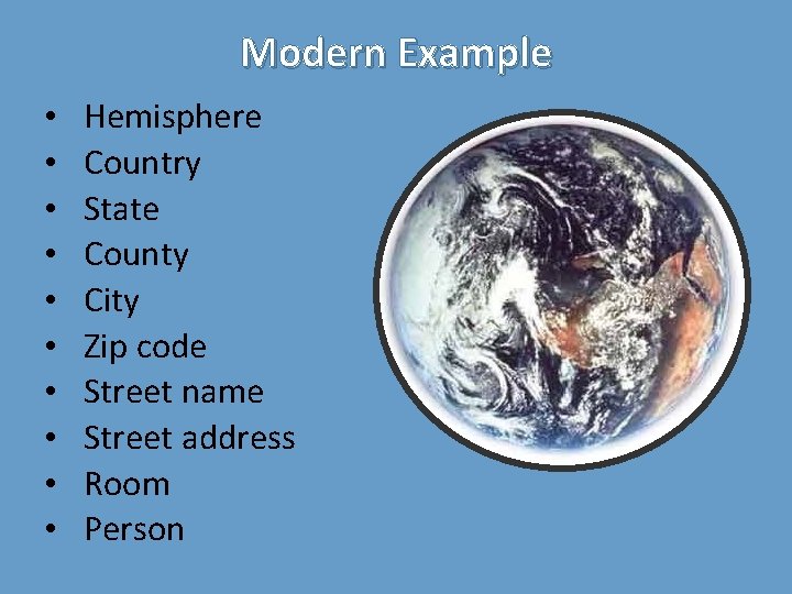 Modern Example • • • Hemisphere Country State County City Zip code Street name