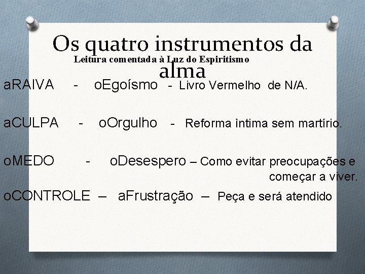 Os quatro instrumentos da Leitura comentada à Luz do Espiritismo alma a. RAIVA a. Os quatro instrumentos da Leitura comentada à Luz do Espiritismo alma a. RAIVA a.