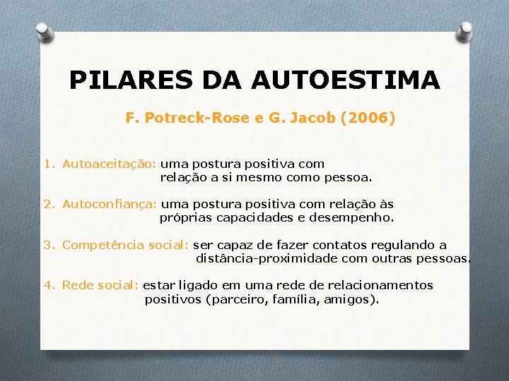 PILARES DA AUTOESTIMA F. Potreck-Rose e G. Jacob (2006) 1. Autoaceitação: uma postura positiva PILARES DA AUTOESTIMA F. Potreck-Rose e G. Jacob (2006) 1. Autoaceitação: uma postura positiva