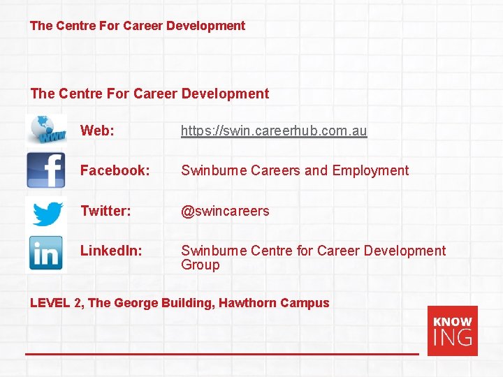The Centre For Career Development Web: https: //swin. careerhub. com. au Facebook: Swinburne Careers