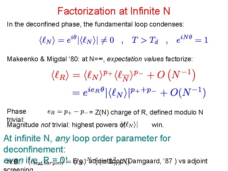 Factorization at Infinite N In the deconfined phase, the fundamental loop condenses: Makeenko &