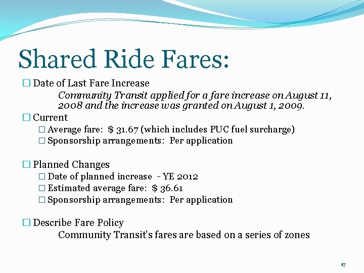 Shared Ride Fares: � Date of Last Fare Increase Community Transit applied for a