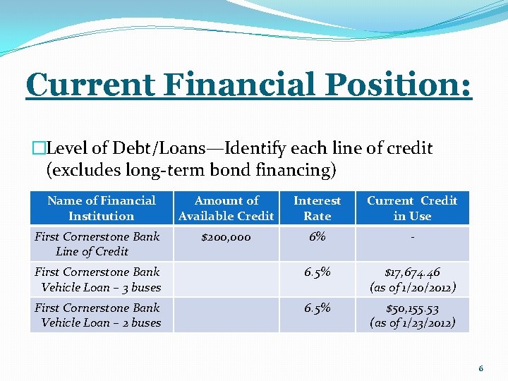 Current Financial Position: �Level of Debt/Loans—Identify each line of credit (excludes long-term bond financing)