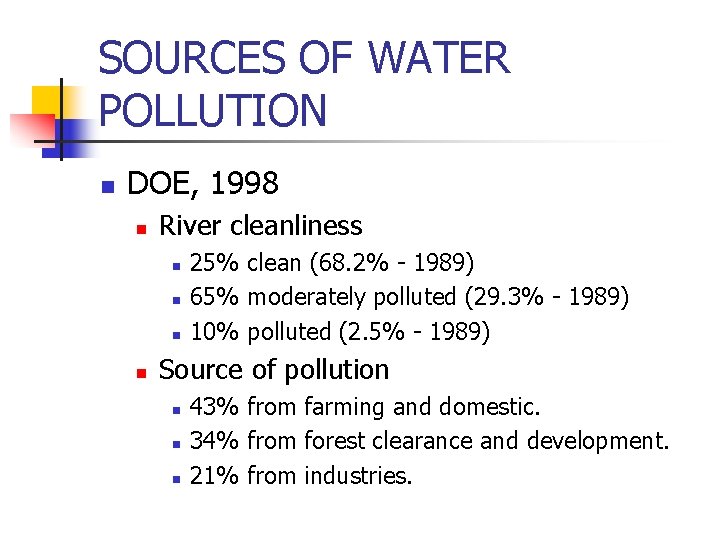 SOURCES OF WATER POLLUTION n DOE, 1998 n River cleanliness n n 25% clean