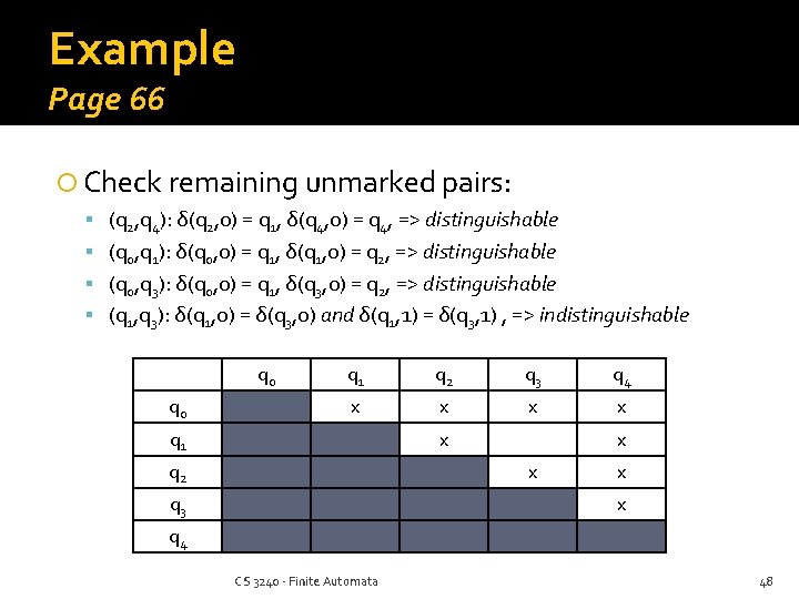 Example Page 66 Check remaining unmarked pairs: (q 2, q 4): δ(q 2, 0)