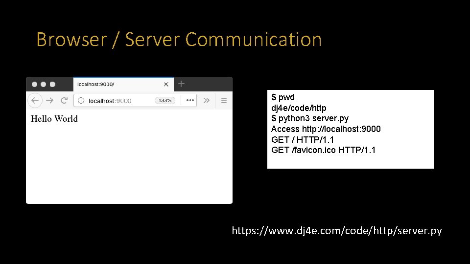 Browser / Server Communication $ pwd dj 4 e/code/http $ python 3 server. py