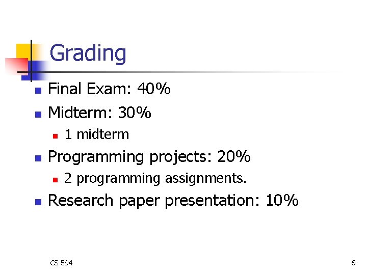 Grading n n Final Exam: 40% Midterm: 30% n n Programming projects: 20% n Grading n n Final Exam: 40% Midterm: 30% n n Programming projects: 20% n