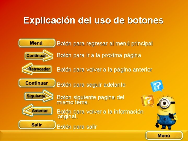 Explicación del uso de botones Botón para regresar al menú principal Botón para ir