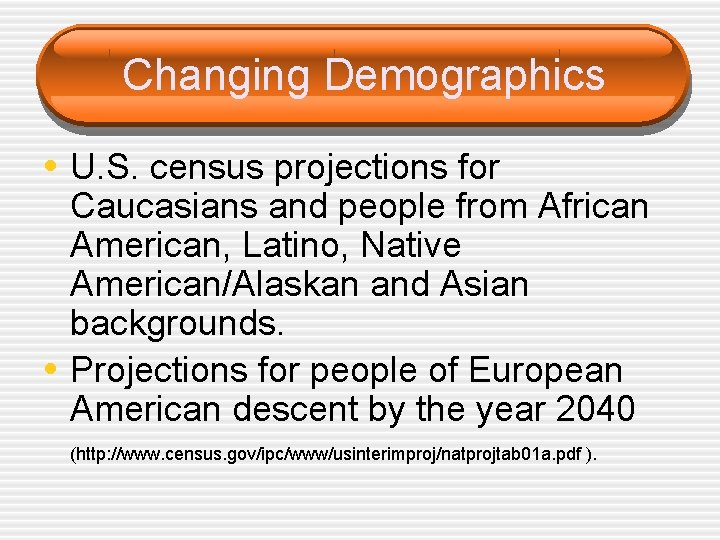 Changing Demographics • U. S. census projections for • Caucasians and people from African