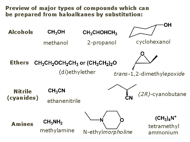 Preview of major types of compounds which can be prepared from haloalkanes by substitution:
