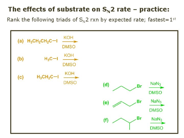 The effects of substrate on SN 2 rate – practice: Rank the following triads