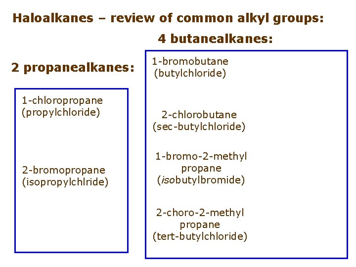 Haloalkanes – review of common alkyl groups: 4 butanealkanes: 2 propanealkanes: 1 -chloropropane (propylchloride)