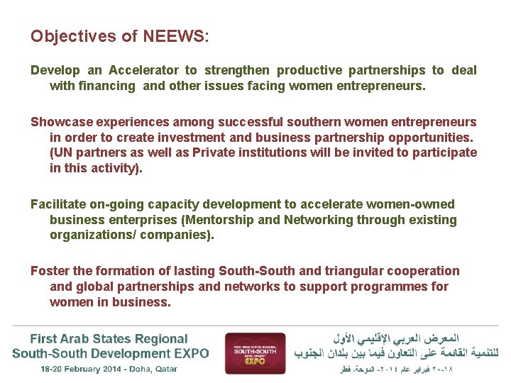 Objectives of NEEWS: Develop an Accelerator to strengthen productive partnerships to deal with financing