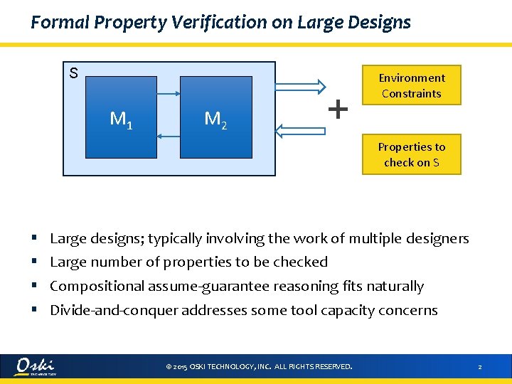 Formal Property Verification on Large Designs S M 1 M 2 + Environment Constraints