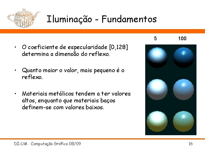 Iluminação - Fundamentos 5 100 • O coeficiente de especularidade [0, 128] determina a