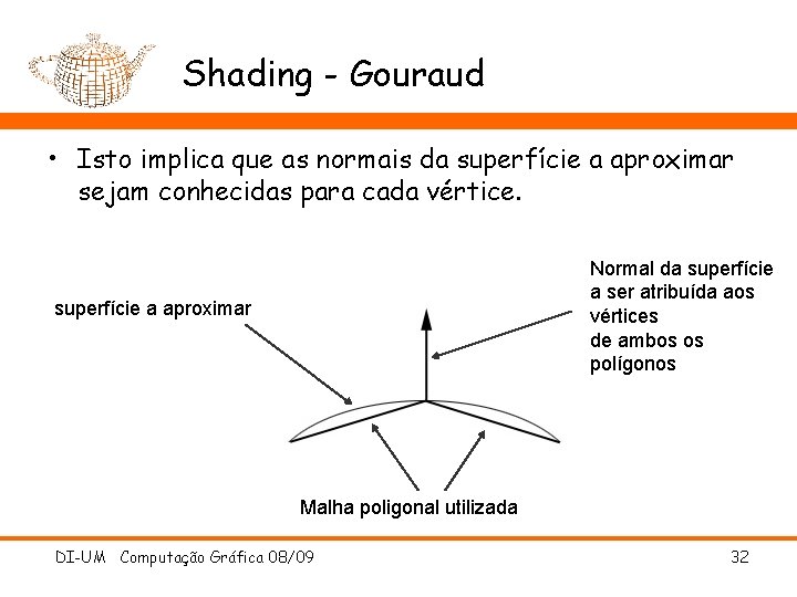 Shading - Gouraud • Isto implica que as normais da superfície a aproximar sejam