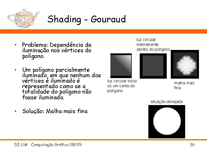 Shading - Gouraud • Problema: Dependência da iluminação nos vértices do polígono. • Um